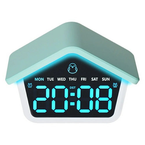 House-Shaped Cuckoo Digital Alarm Clock LED 8-Color Night Light Dual Alarm Snooze Silent Clock - 6698  /  Blue - 1
