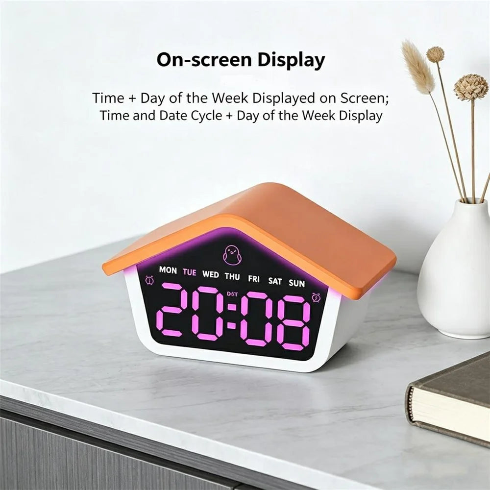 House-Shaped Cuckoo Digital Alarm Clock LED 8-Color Night Light Dual Alarm Snooze Silent Clock - 6698  /  Blue - 2