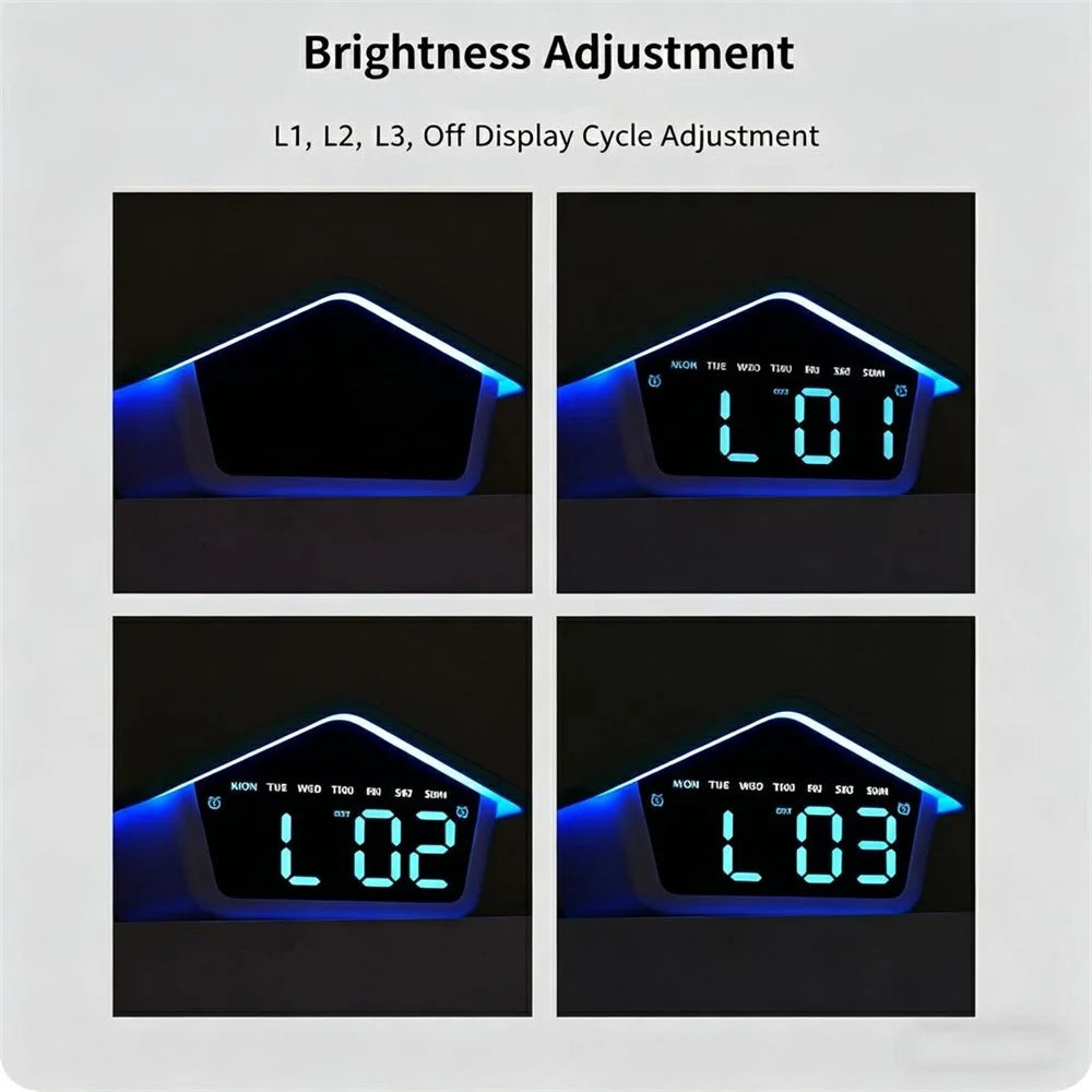 House-Shaped Cuckoo Digital Alarm Clock LED 8-Color Night Light Dual Alarm Snooze Silent Clock - 6698  /  Blue - 3