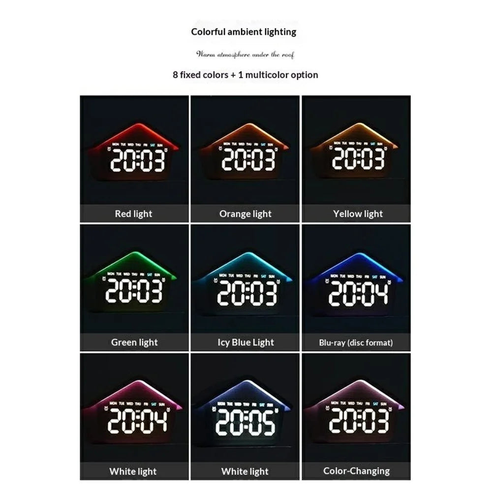 House-Shaped Cuckoo Digital Alarm Clock LED 8-Color Night Light Dual Alarm Snooze Silent Clock - 6698  /  Blue - 4