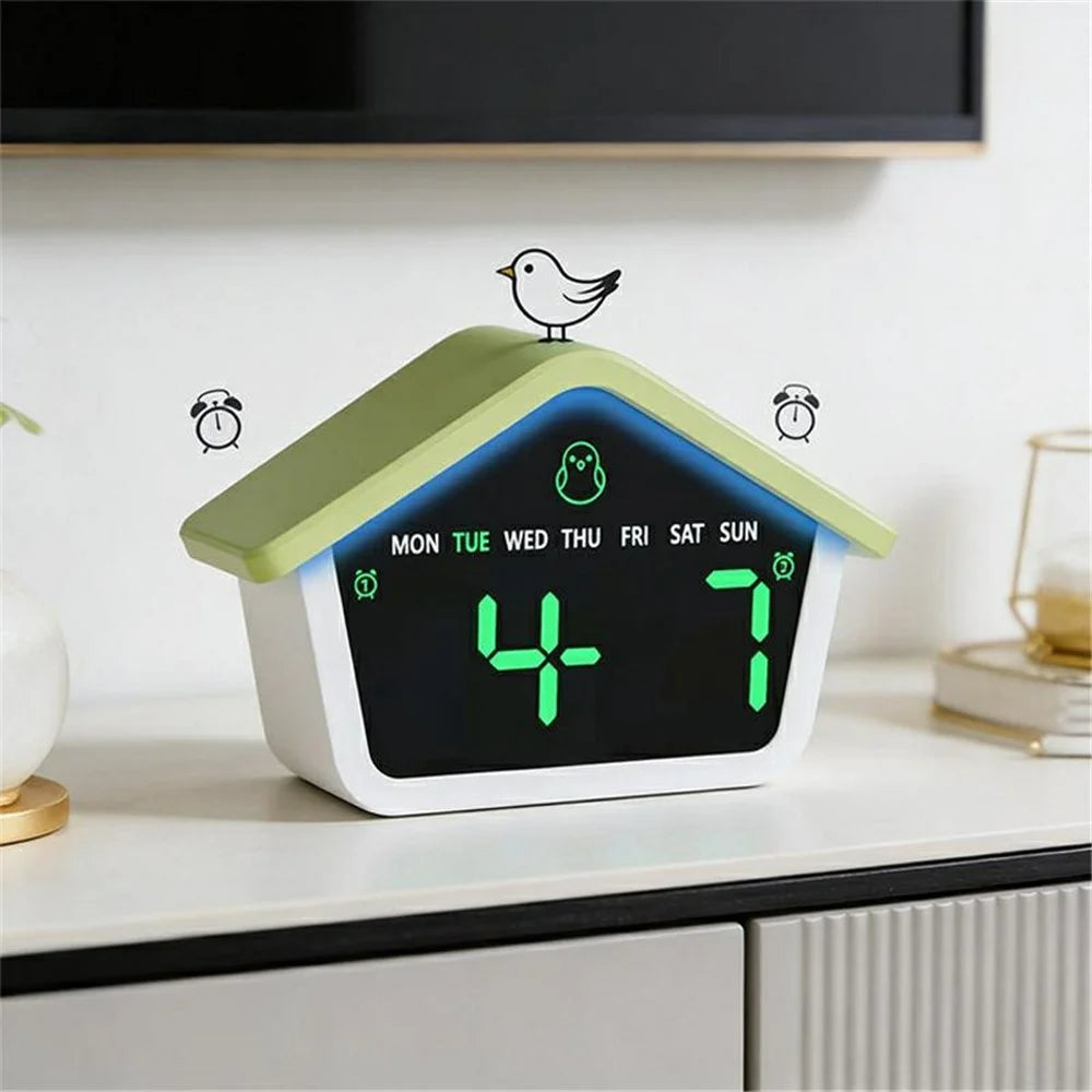 House-Shaped Cuckoo Digital Alarm Clock LED 8-Color Night Light Dual Alarm Snooze Silent Clock - 6698  /  Blue - 5