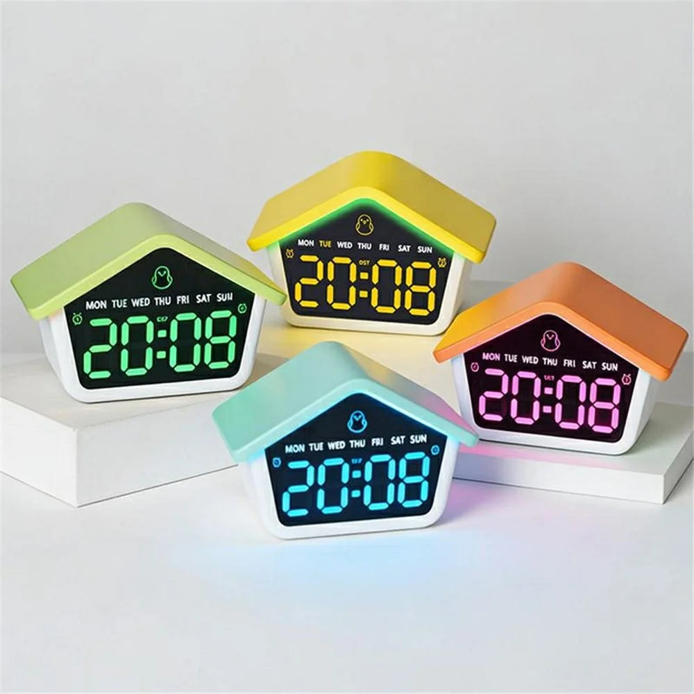 House-Shaped Cuckoo Digital Alarm Clock LED 8-Color Night Light Dual Alarm Snooze Silent Clock - 6698  /  Blue - 7