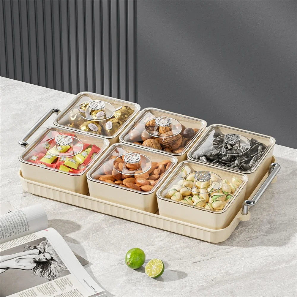 6-Compartment PET Snack Tray with Lid Dustproof Food Storage Box Fruit Candy Container (BPA Free, No FDA) - Creamy White - 2