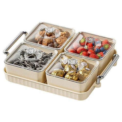 4-Compartment PET Snack Tray with Lid Dustproof Food Storage Box Fruit Candy Container (BPA Free, No FDA) - Creamy White - 1