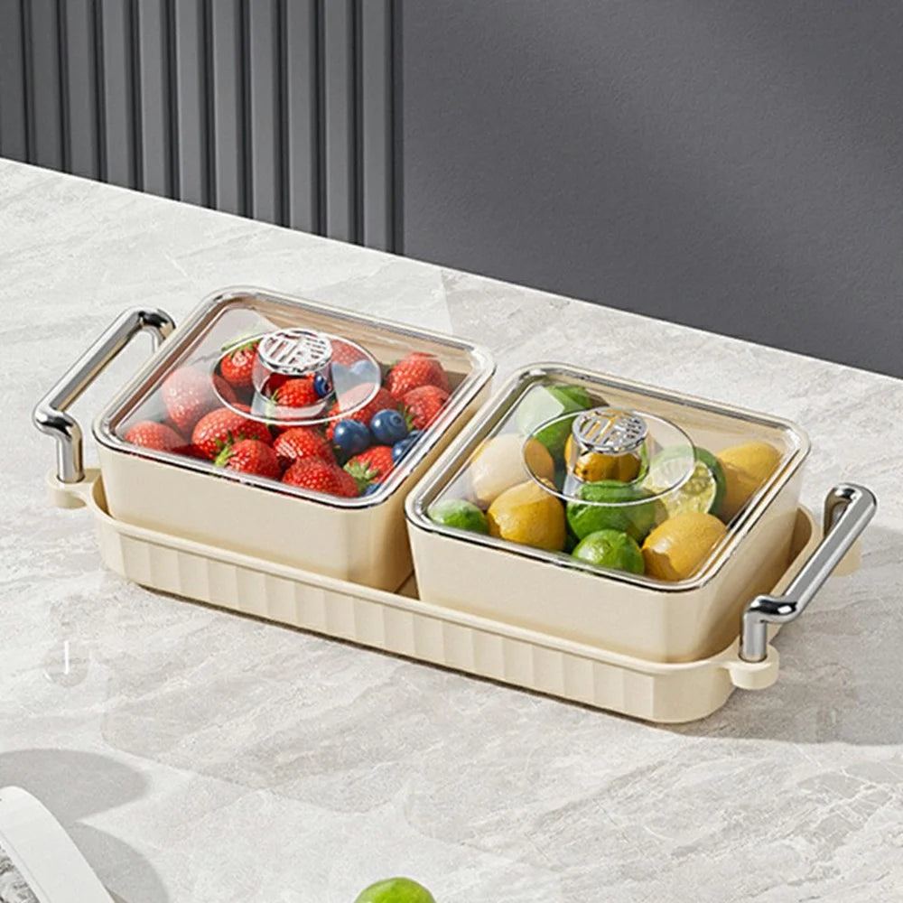 2-Compartment PET Snack Tray with Lid Dustproof Food Storage Box Fruit Candy Container (BPA Free, No FDA) - Creamy White - 2