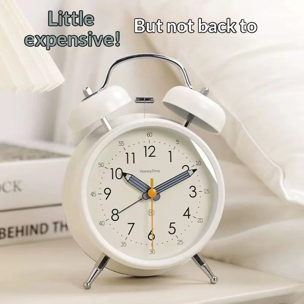 Metal Alarm Clock 110dB Loud Bell Silent Movement Night Light for Students Bedroom Office (without Battery) - Cream White - 2