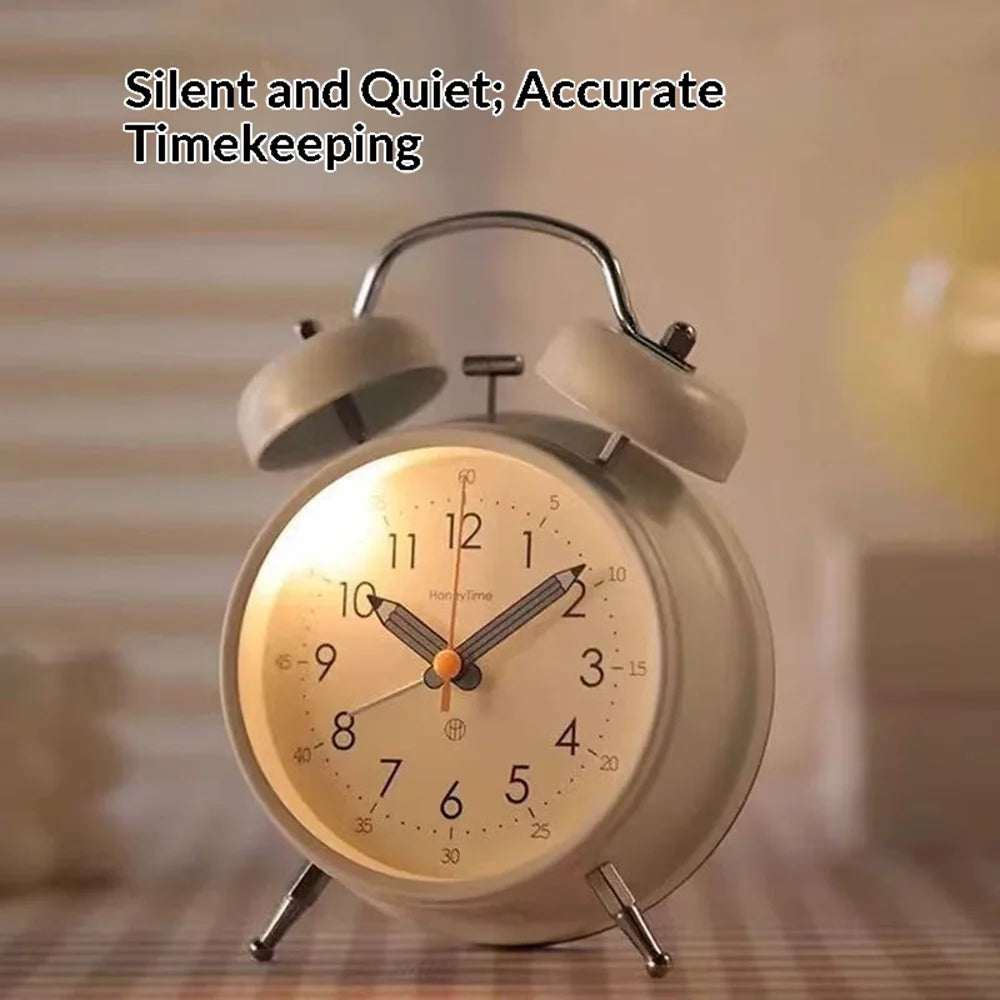 Metal Alarm Clock 110dB Loud Bell Silent Movement Night Light for Students Bedroom Office (without Battery) - Cream White - 3