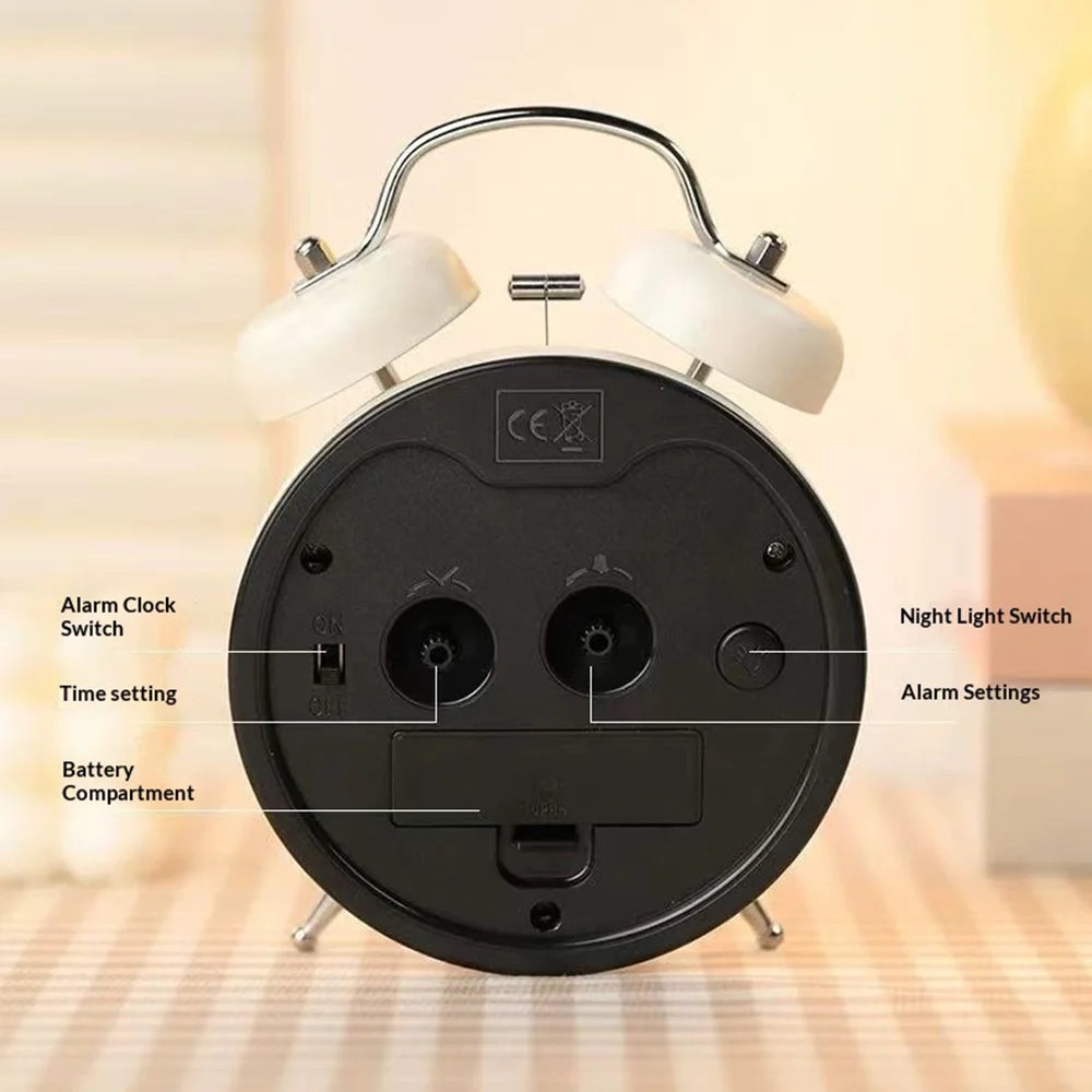 Metal Alarm Clock 110dB Loud Bell Silent Movement Night Light for Students Bedroom Office (without Battery) - Cream White - 4