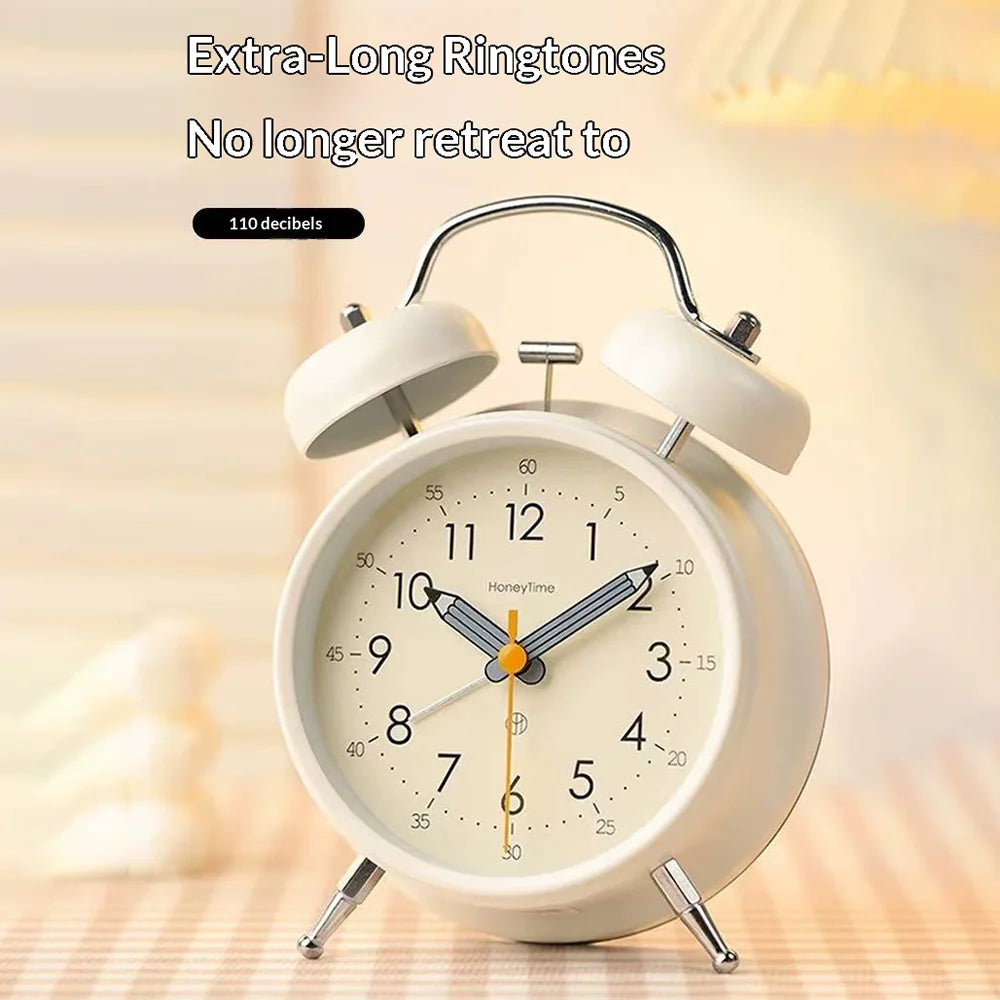 Metal Alarm Clock 110dB Loud Bell Silent Movement Night Light for Students Bedroom Office (without Battery) - Cream White - 5