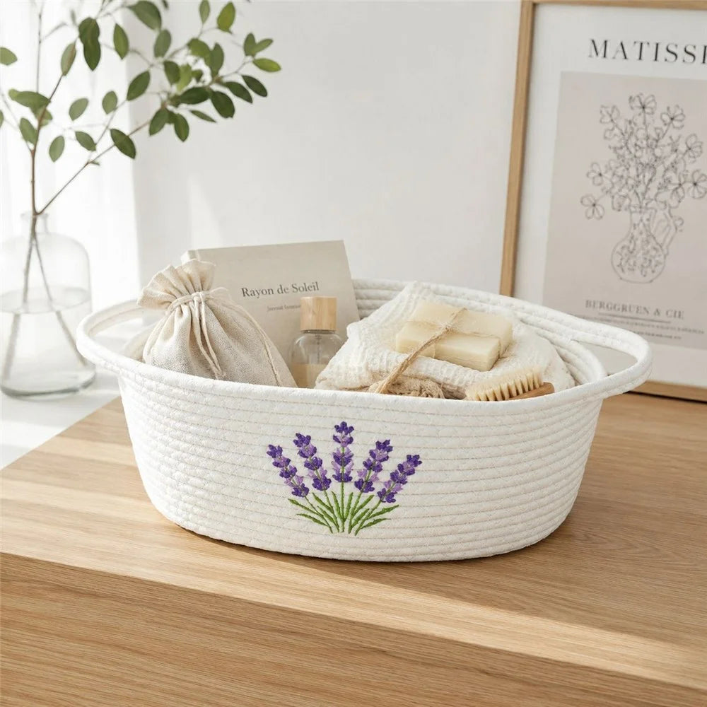 30 x 20 x 13cm Lavender Embroidery Cotton Rope Storage Basket Handwoven Desktop Organizer - White - 2