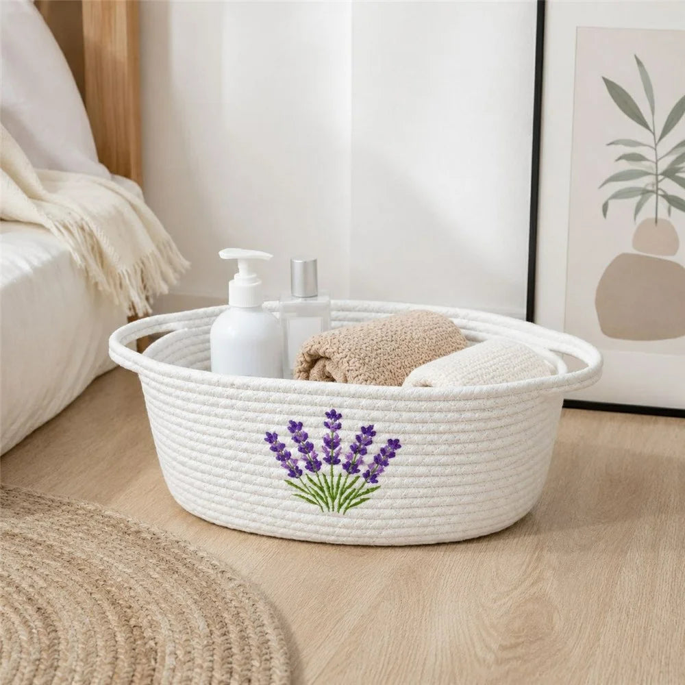 30 x 20 x 13cm Lavender Embroidery Cotton Rope Storage Basket Handwoven Desktop Organizer - White - 3