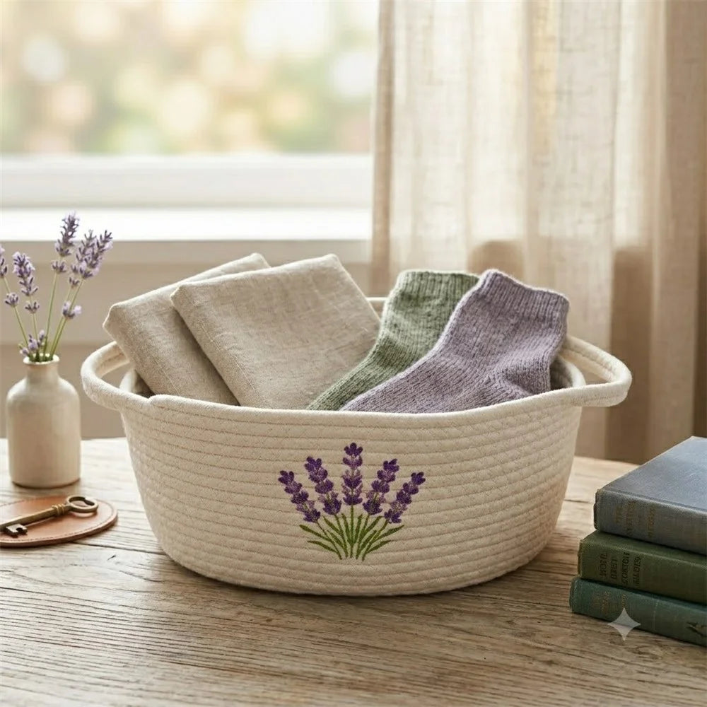 30 x 20 x 13cm Lavender Embroidery Cotton Rope Storage Basket Handwoven Desktop Organizer - White - 4