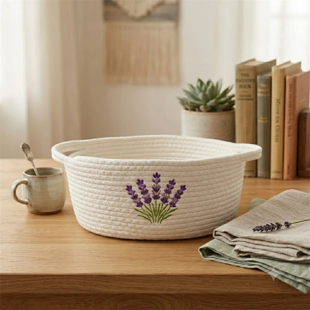 30 x 20 x 13cm Lavender Embroidery Cotton Rope Storage Basket Handwoven Desktop Organizer - White - 5