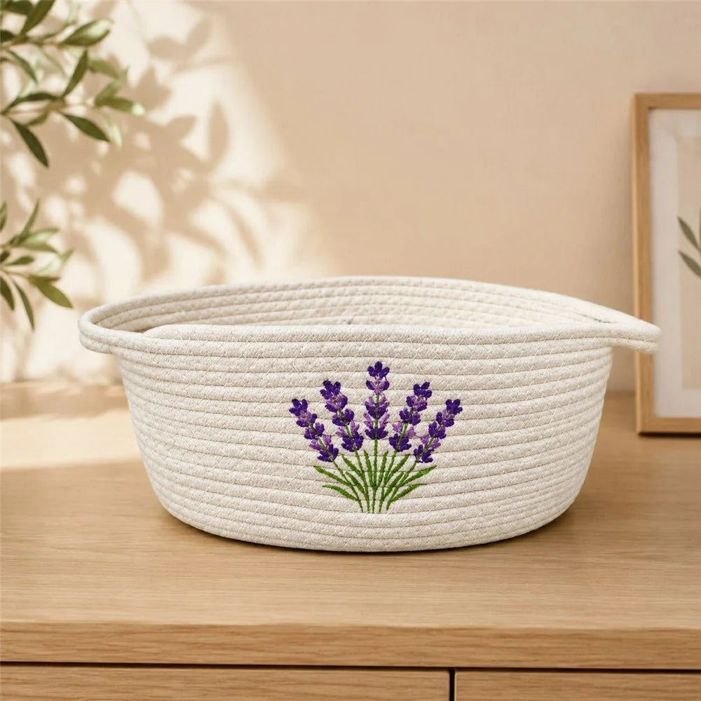 30 x 20 x 13cm Lavender Embroidery Cotton Rope Storage Basket Handwoven Desktop Organizer - White - 6