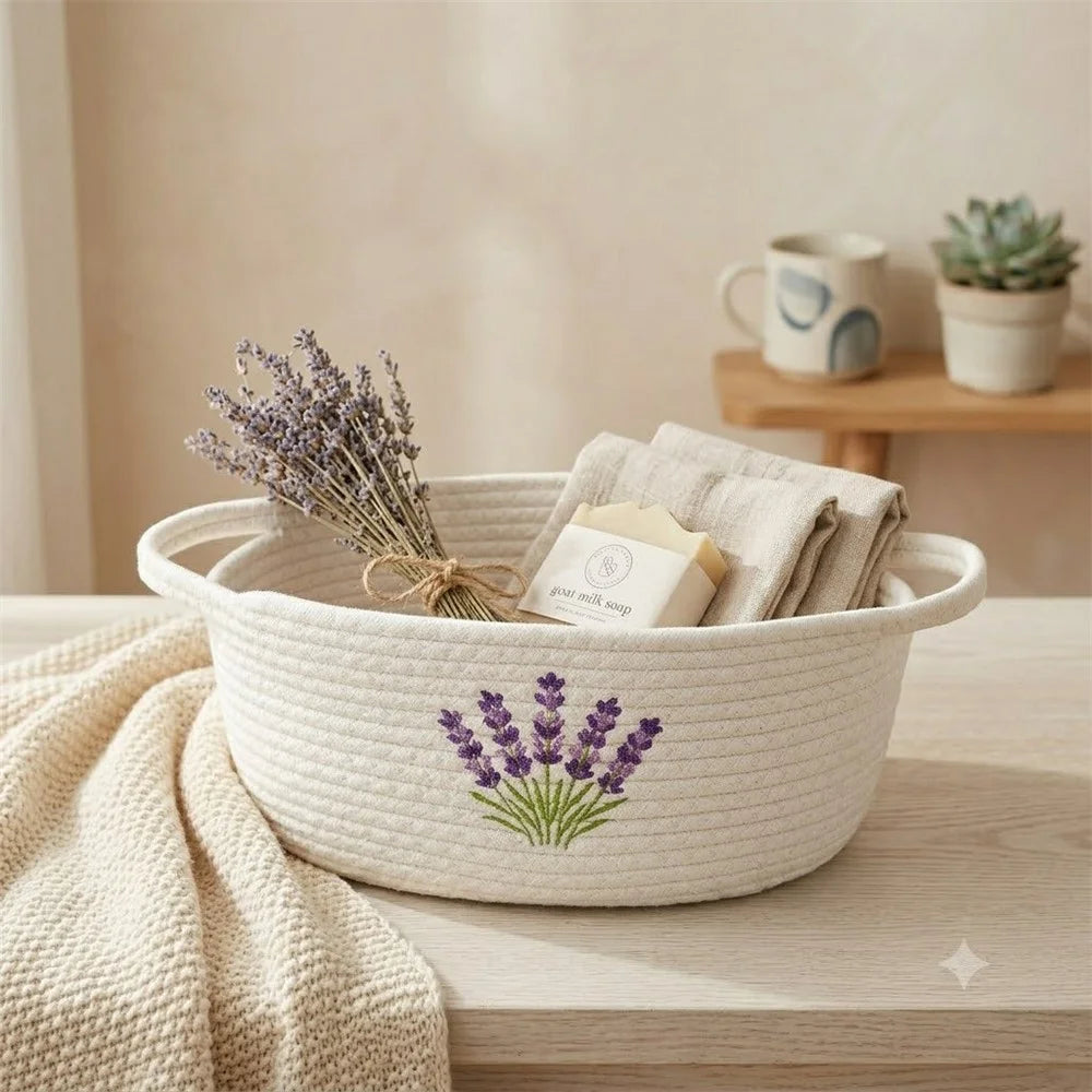 30 x 20 x 13cm Lavender Embroidery Cotton Rope Storage Basket Handwoven Desktop Organizer - White - 7