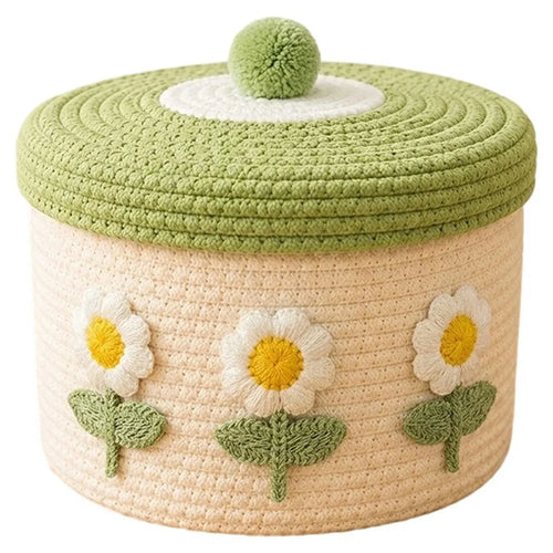 Cotton Rope Woven Storage Basket with Lid Hand-Knitted Decorative Organizer for Cosmetics and Toys - Beige Base Green Lid / White Sunflower - 1