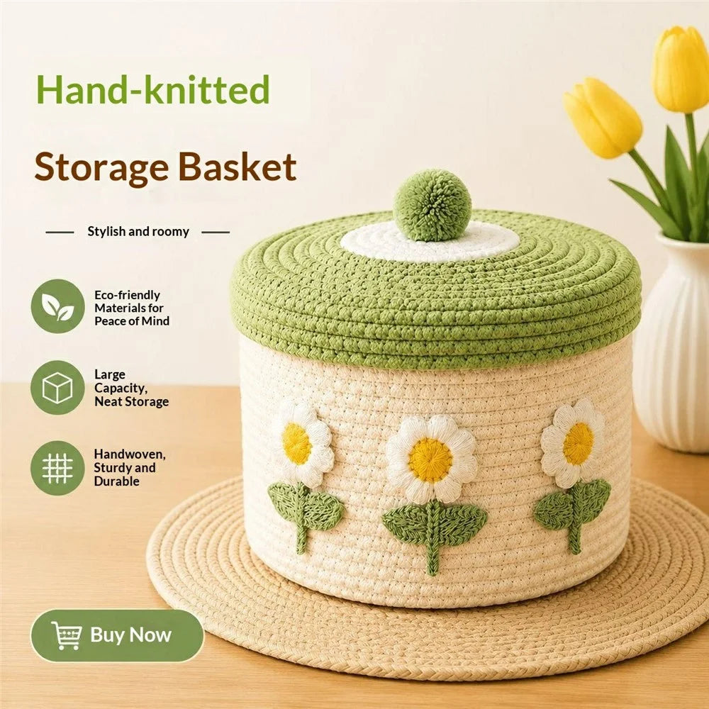 Cotton Rope Woven Storage Basket with Lid Hand-Knitted Decorative Organizer for Cosmetics and Toys - Beige Base Green Lid / White Sunflower - 2
