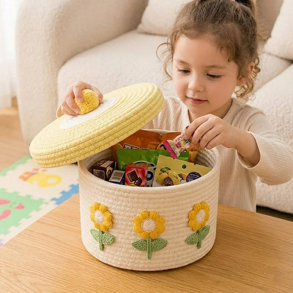 Cotton Rope Woven Storage Basket with Lid Hand-Knitted Decorative Organizer for Cosmetics and Toys - Beige Base Green Lid / White Sunflower - 3