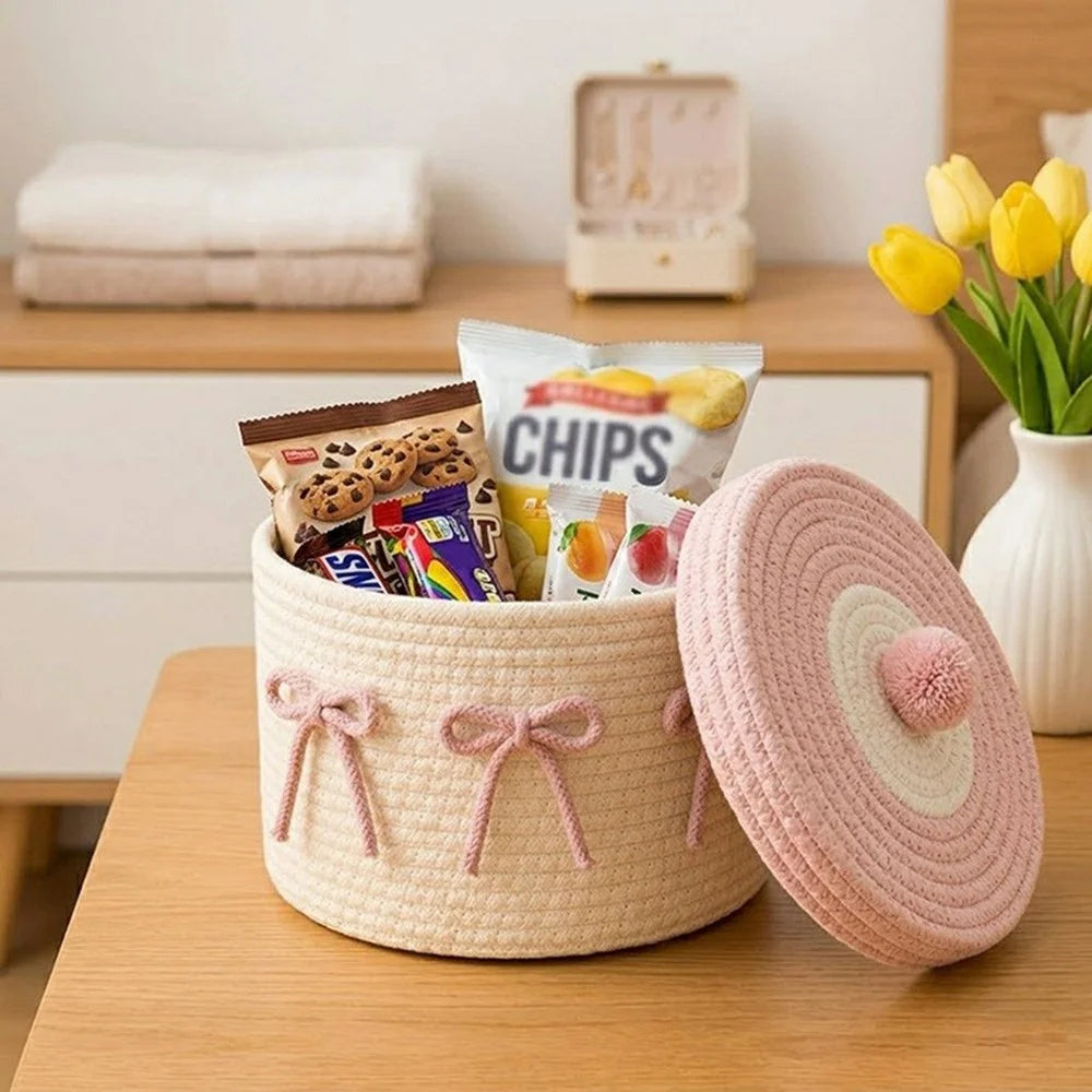 Cotton Rope Woven Storage Basket with Lid Hand-Knitted Decorative Organizer for Cosmetics and Toys - Beige Base Green Lid / White Sunflower - 4