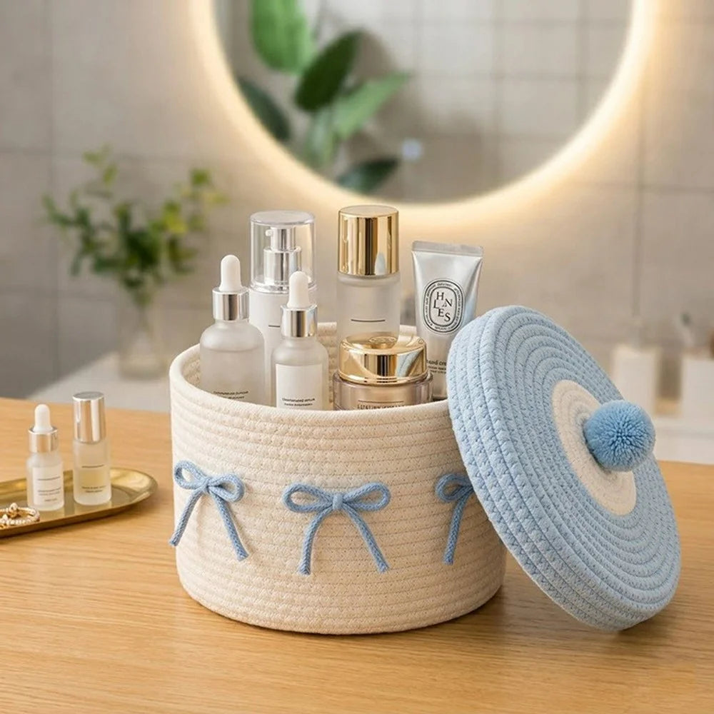 Cotton Rope Woven Storage Basket with Lid Hand-Knitted Decorative Organizer for Cosmetics and Toys - Beige Base Green Lid / White Sunflower - 5
