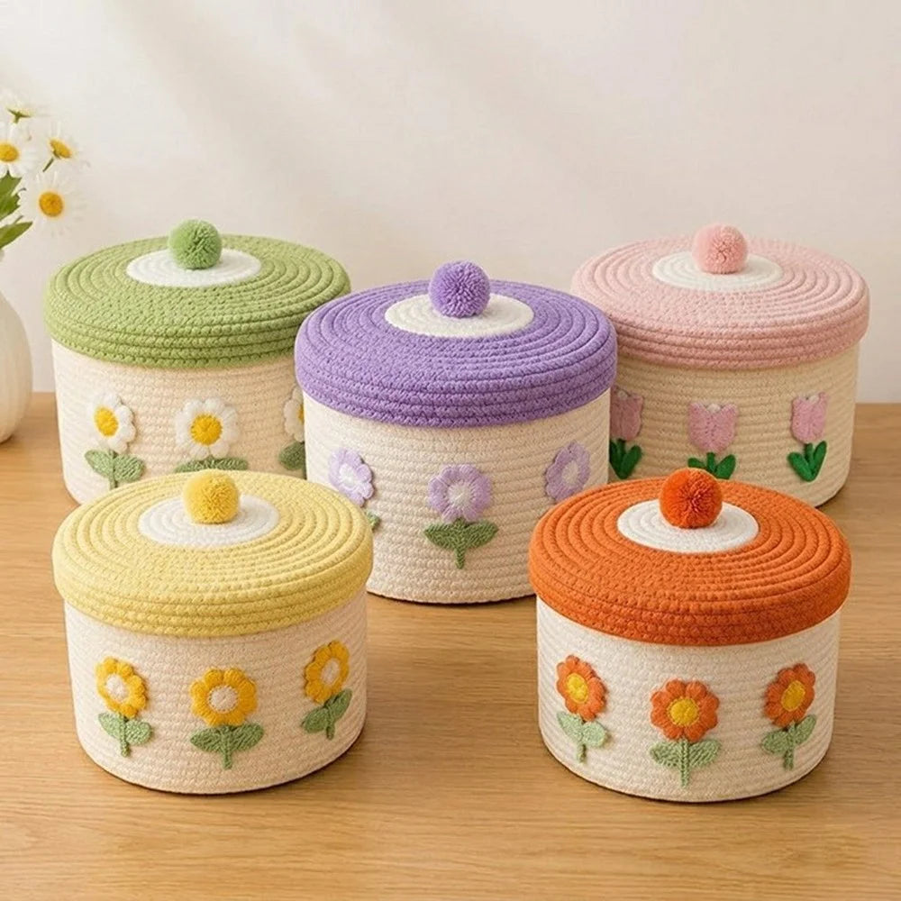 Cotton Rope Woven Storage Basket with Lid Hand-Knitted Decorative Organizer for Cosmetics and Toys - Beige Base Green Lid / White Sunflower - 6