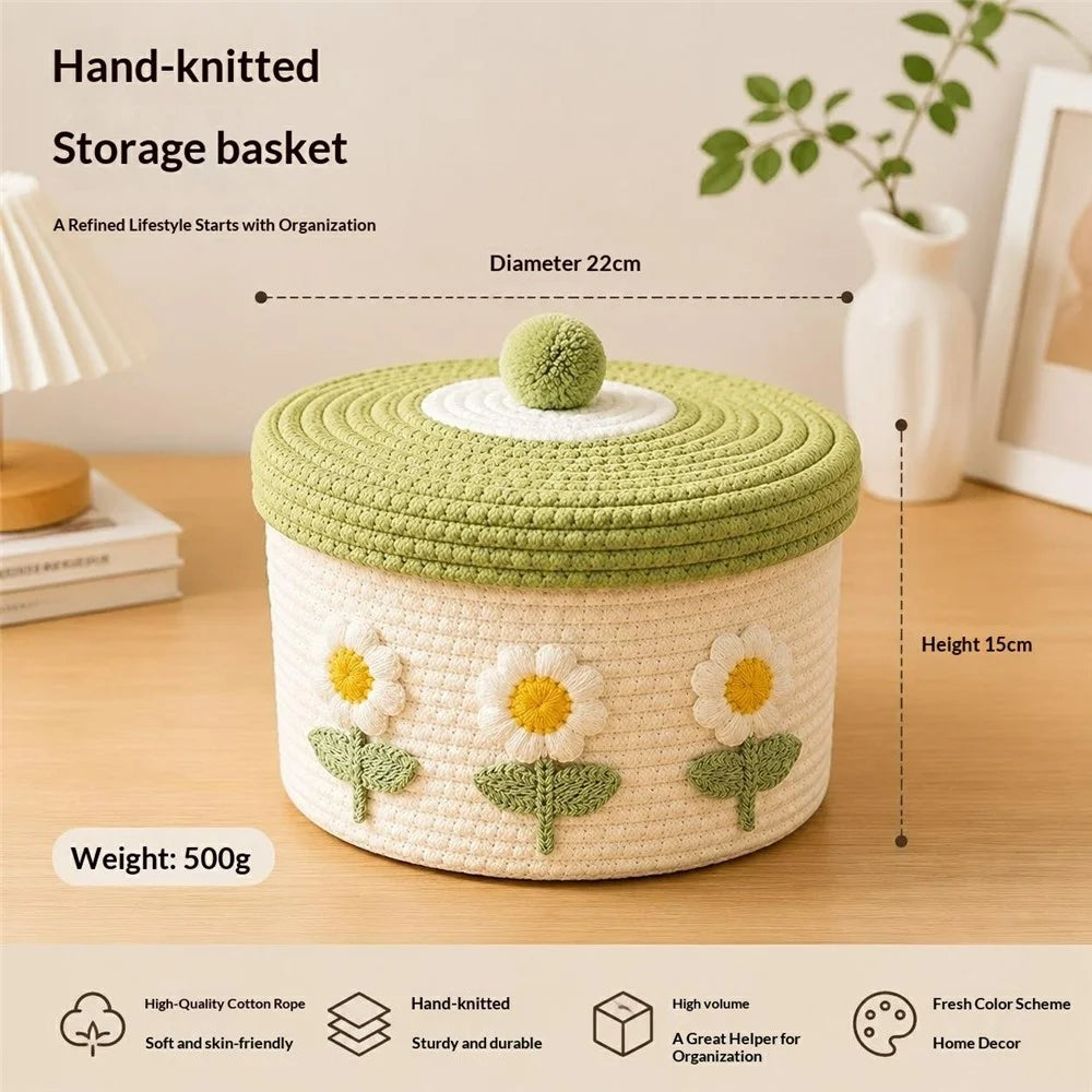 Cotton Rope Woven Storage Basket with Lid Hand-Knitted Decorative Organizer for Cosmetics and Toys - Beige Base Green Lid / White Sunflower - 7