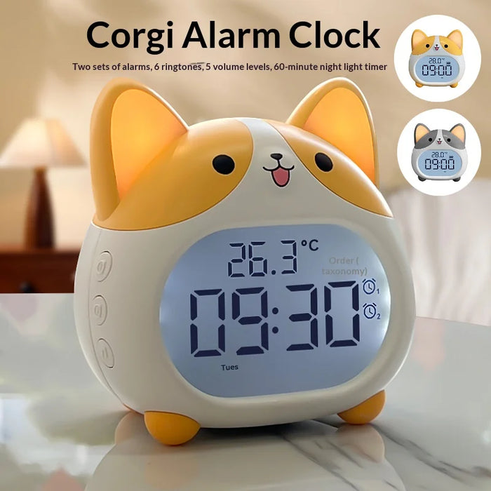 Corgi Dog Alarm Clock LED Display Night Light 1200mAh Rechargeable Silent Clock for Students - Yellow - 2