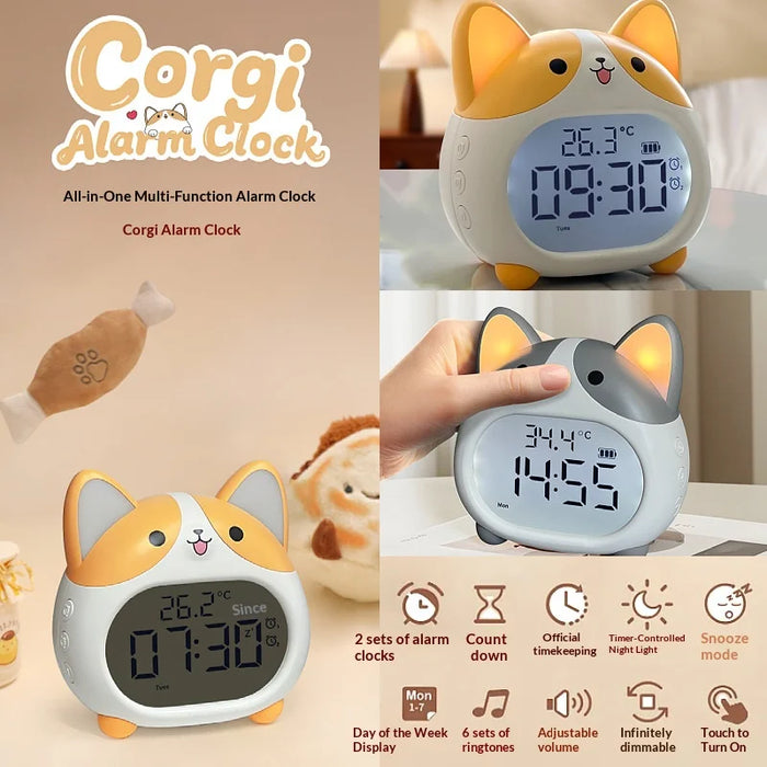Corgi Dog Alarm Clock LED Display Night Light 1200mAh Rechargeable Silent Clock for Students - Yellow - 4