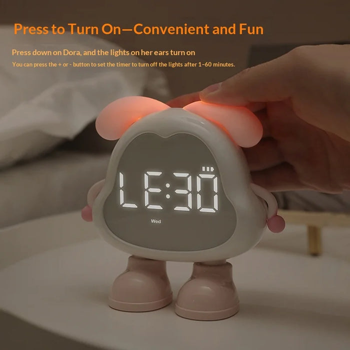 Cute Dog Alarm Clock Night Light Digital Display Rechargeable Desk Clock for Student Dorm - White Pink - 4