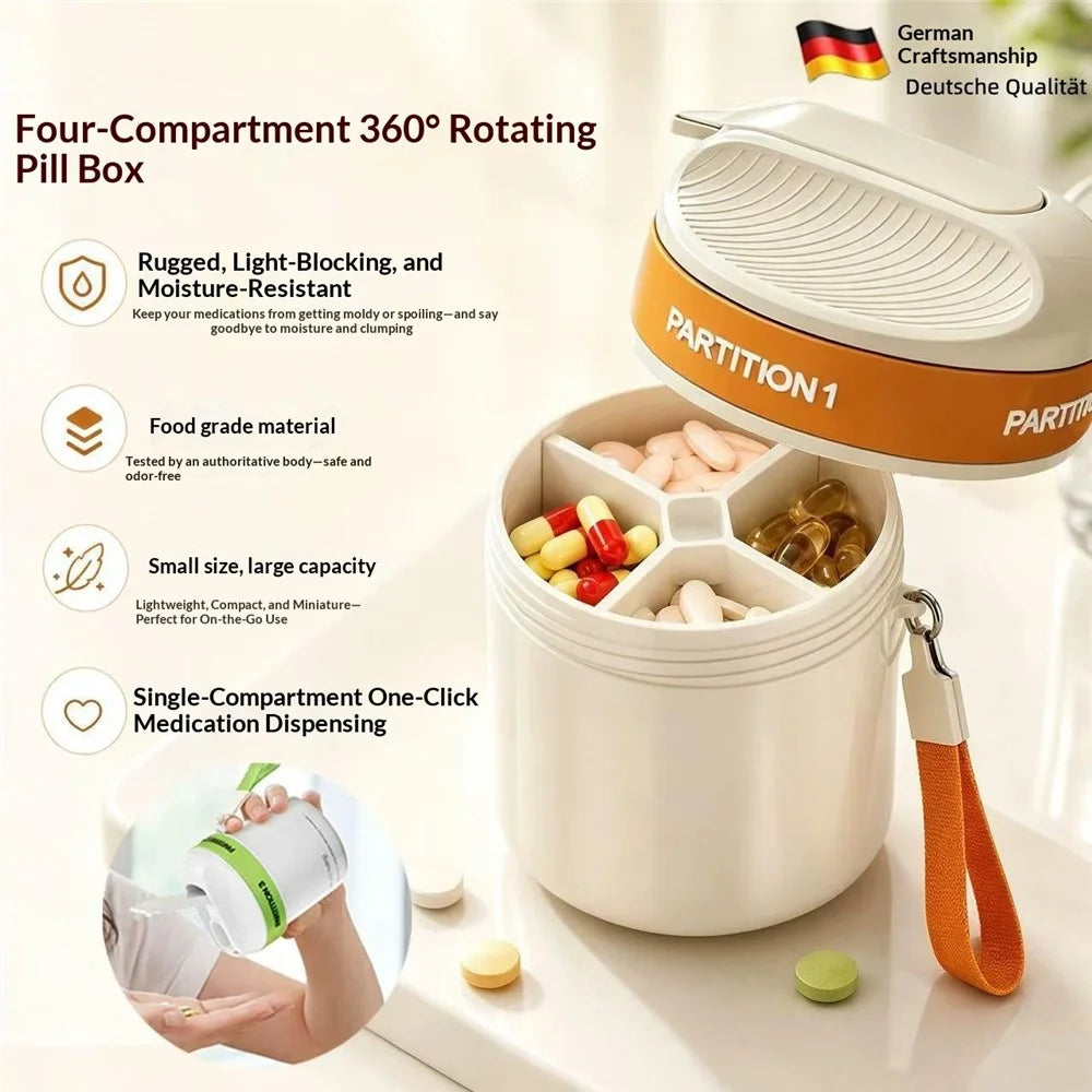 4 Compartments Rotating Pill Box Portable Medicine Organizer for Travel - Orange - 2