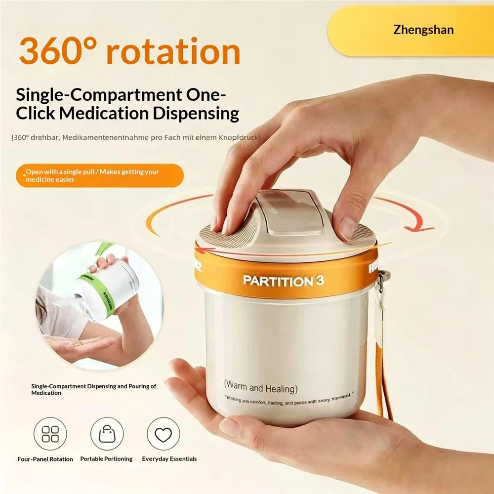 4 Compartments Rotating Pill Box Portable Medicine Organizer for Travel - Orange - 3