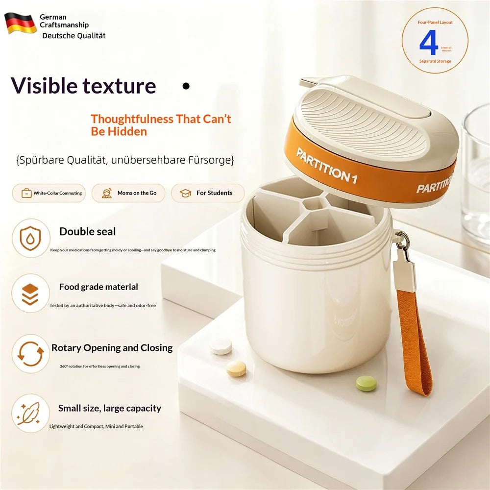 4 Compartments Rotating Pill Box Portable Medicine Organizer for Travel - Orange - 5