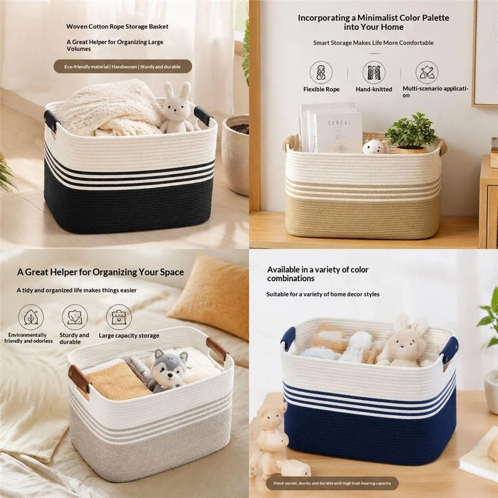 45 x 35 x 27cm Large Cotton Rope Woven Storage Basket Organizer for Laundry Toys Bedroom - Black - 5