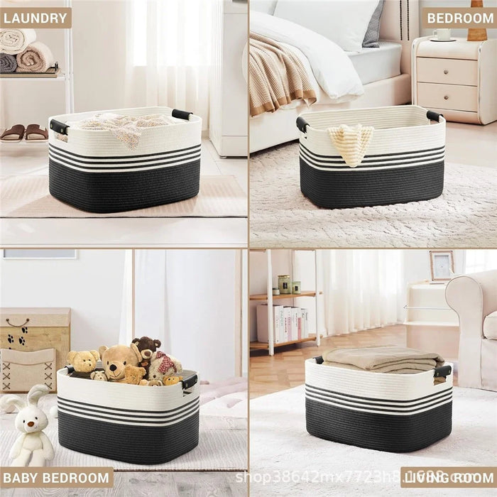 45 x 35 x 27cm Large Cotton Rope Woven Storage Basket Organizer for Laundry Toys Bedroom - Black - 6