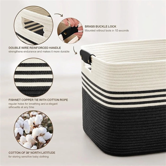 45 x 35 x 27cm Large Cotton Rope Woven Storage Basket Organizer for Laundry Toys Bedroom - Black - 7