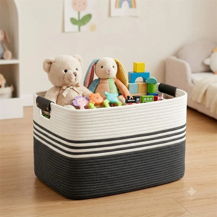 53 x 38 x 29cm Extra-Large Cotton Rope Woven Storage Basket Organizer for Laundry Toys Bedroom - Black - 2