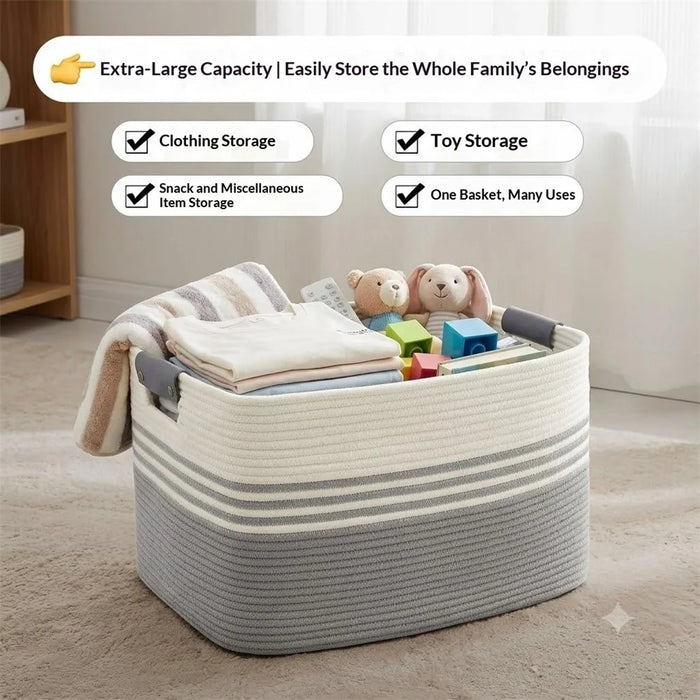 53 x 38 x 29cm Extra-Large Cotton Rope Woven Storage Basket Organizer for Laundry Toys Bedroom - Black - 3