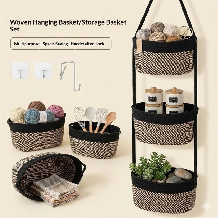 3-Tier Cotton Rope Woven Storage Basket Detachable Wall-Mounted Organizer for Kitchen Bathroom - Coffee - 3