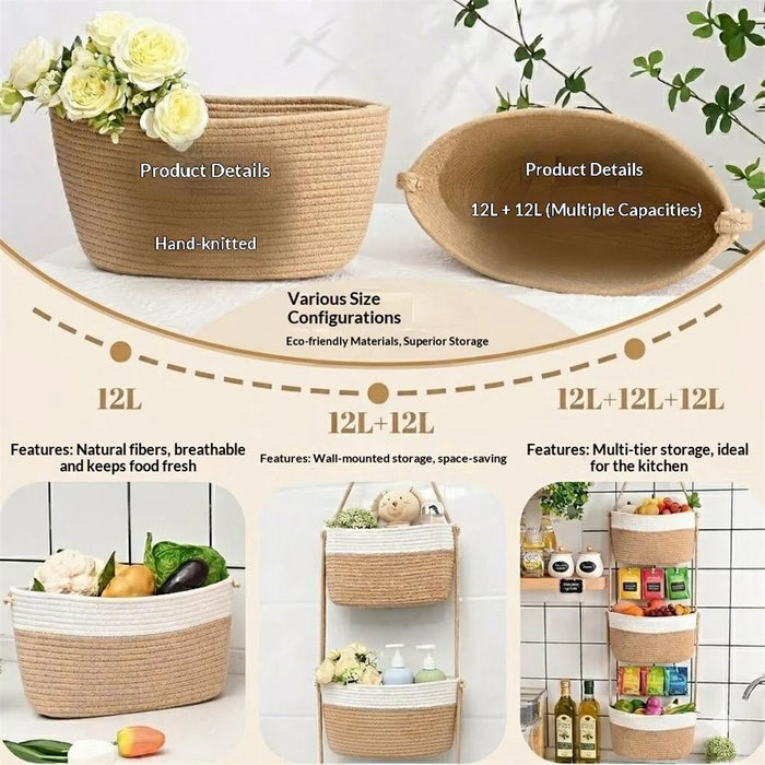 3-Tier Cotton Rope Woven Storage Basket Detachable Wall-Mounted Organizer for Kitchen Bathroom - Coffee - 4