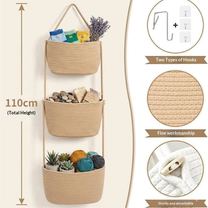 3-Tier Cotton Rope Woven Storage Basket Detachable Wall-Mounted Organizer for Kitchen Bathroom - Coffee - 5