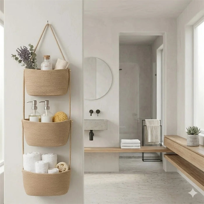 3-Tier Cotton Rope Woven Storage Basket Detachable Wall-Mounted Organizer for Kitchen Bathroom - Coffee - 6