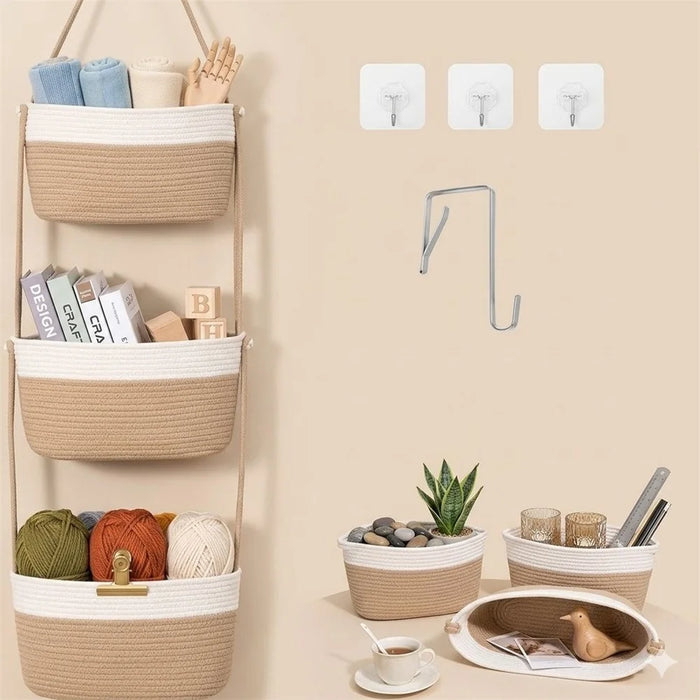3-Tier Cotton Rope Woven Storage Basket Detachable Wall-Mounted Organizer for Kitchen Bathroom - Coffee - 7