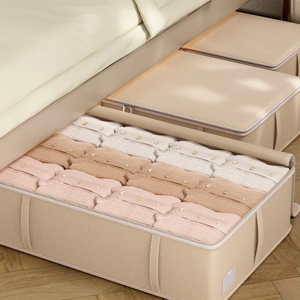 80x47x18cm Under Bed Storage Box Large Capacity Foldable Clothes Organizer with Handles - Beige - 7