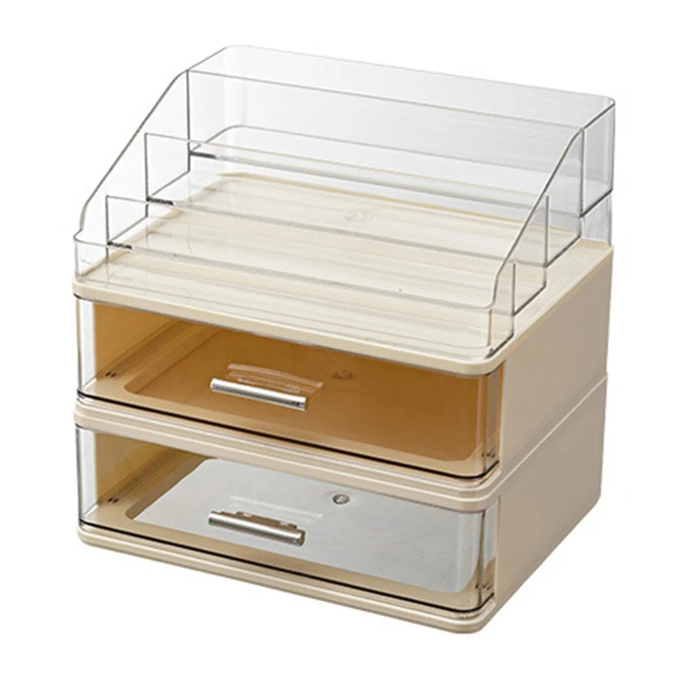 2 Layers Drawer-Style Cosmetic Storage Organizer Desktop Compartment Storage Box - Beige - 1