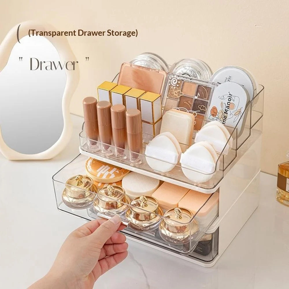 2 Layers Drawer-Style Cosmetic Storage Organizer Desktop Compartment Storage Box - Beige - 2