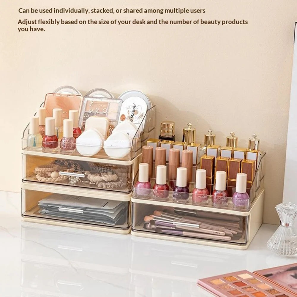 2 Layers Drawer-Style Cosmetic Storage Organizer Desktop Compartment Storage Box - Beige - 3