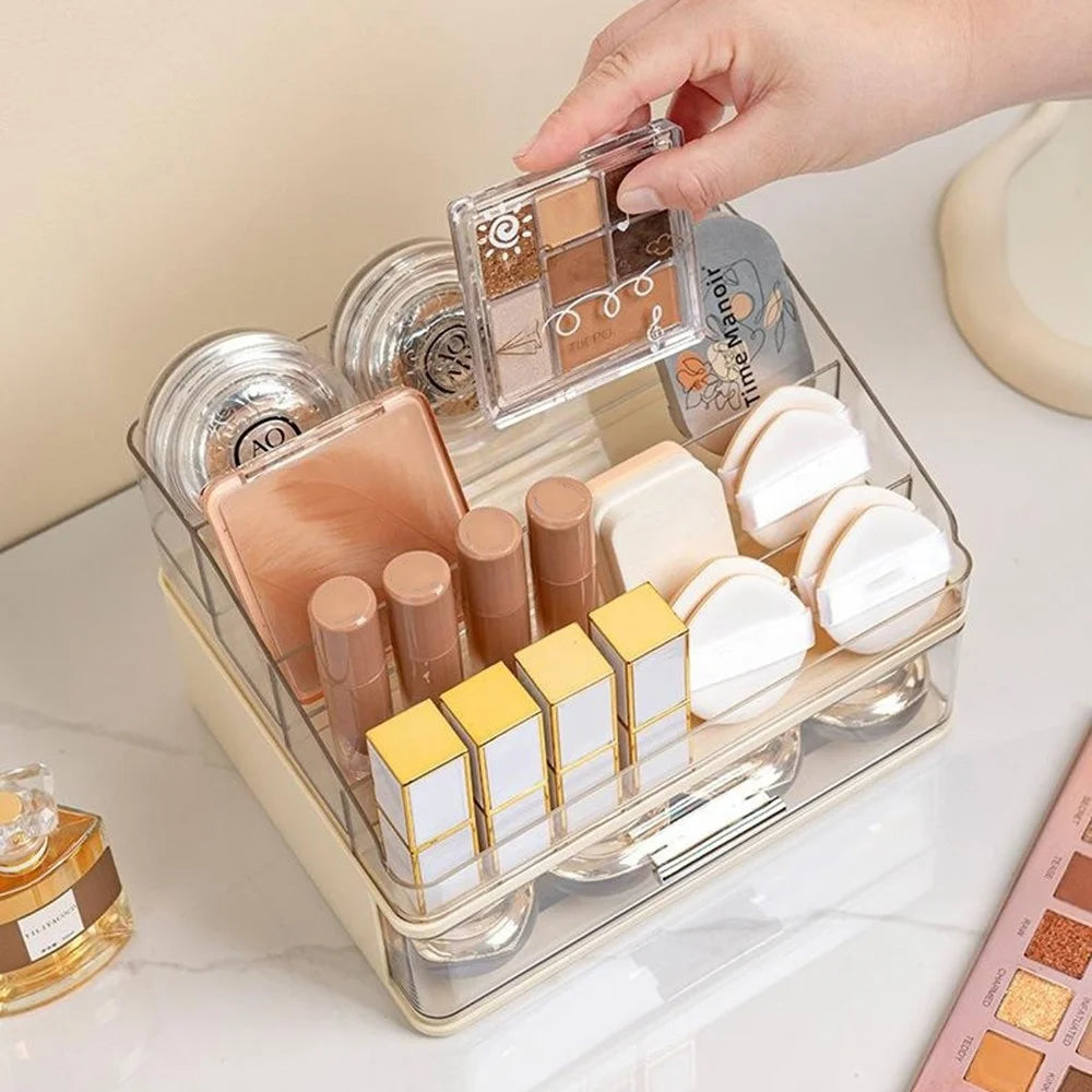 2 Layers Drawer-Style Cosmetic Storage Organizer Desktop Compartment Storage Box - Beige - 4