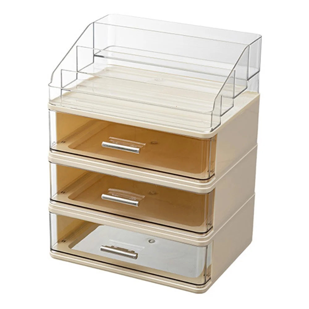 3 Layers Drawer-Style Cosmetic Storage Organizer Desktop Compartment Storage Box - Beige - 1