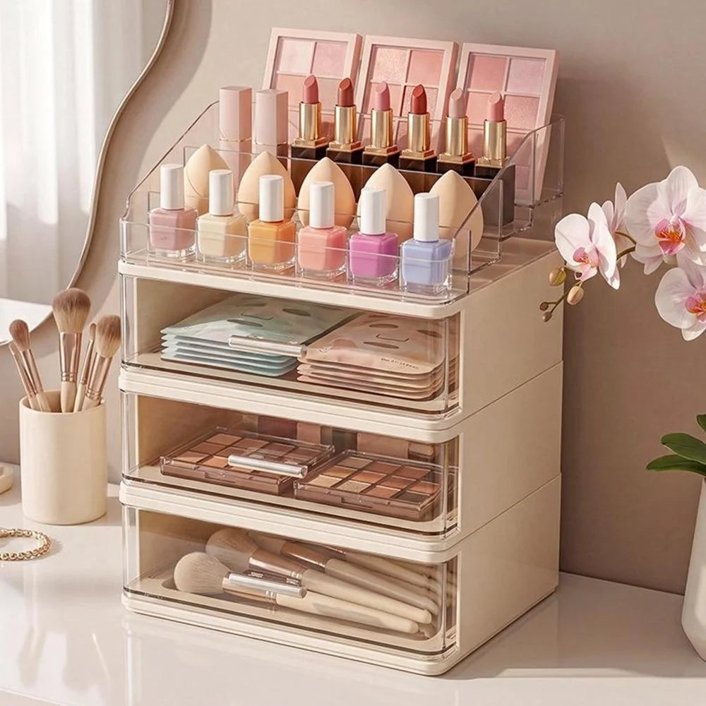 3 Layers Drawer-Style Cosmetic Storage Organizer Desktop Compartment Storage Box - Beige - 2