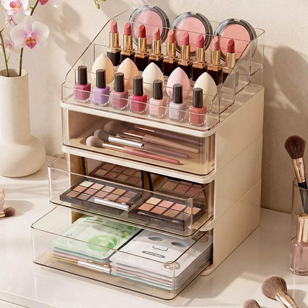 3 Layers Drawer-Style Cosmetic Storage Organizer Desktop Compartment Storage Box - Beige - 3